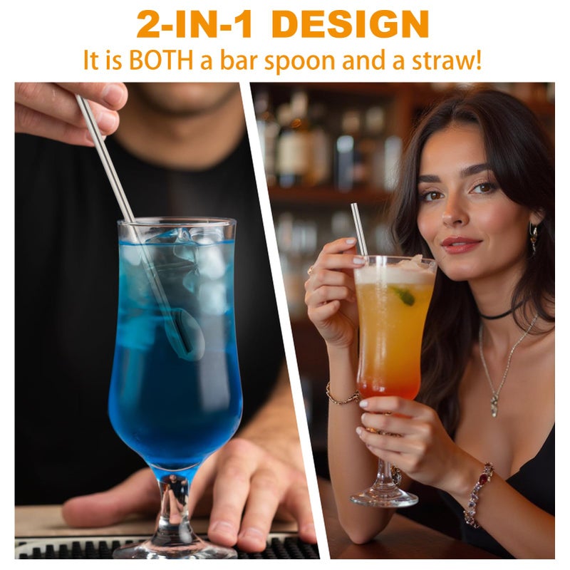 kilofly 12 pcs Bar Spoon Straws Reusable Stainless Steel Long Handle + 2 Cleaning Brushes - Image 5